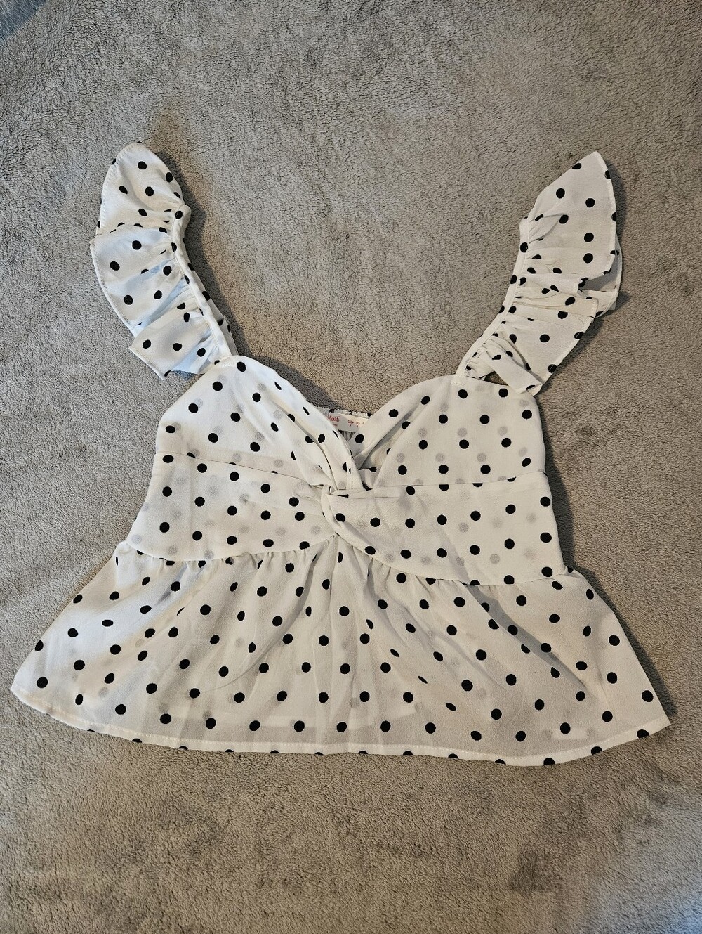 White Polka Dot Ruffle Strap Twist Front Peplum Top